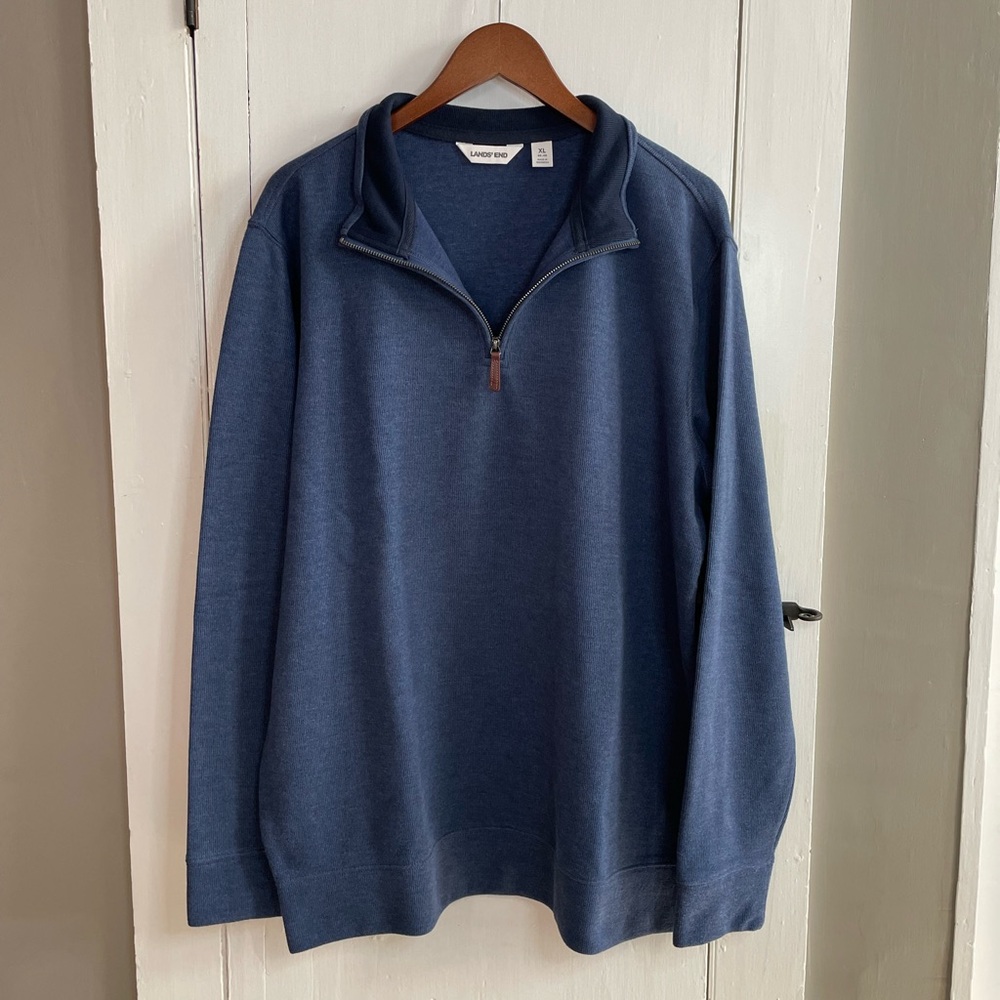 Lands' End Bedford Rib Men's Quarter-Zip Pullover Sweater Denim Heather Size XL - Picture 2 of 11